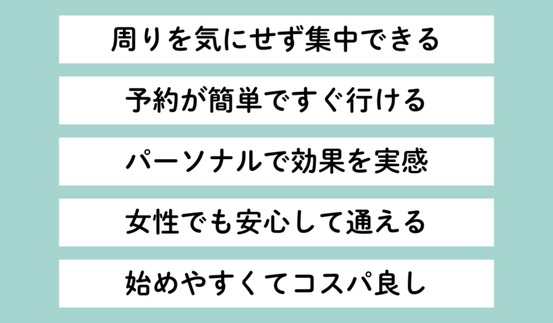ハコジム広島庚午店のいい口コミまとめ画像:周りを気にせず個室で集中できる/予約が簡単で即利用/パーソナルで効果実感/女性も安心/始めやすくコスパ良し
