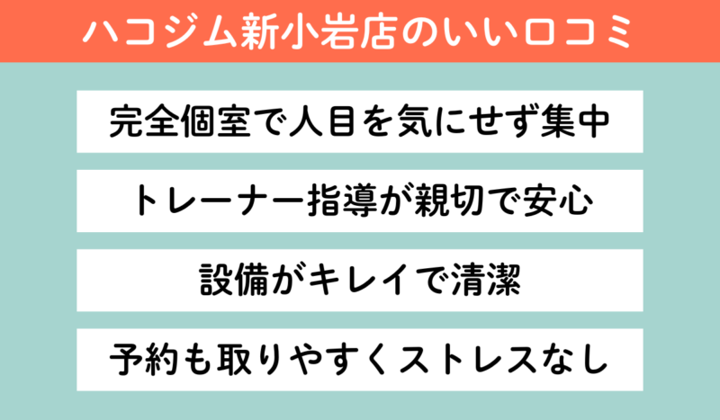 ハコジム新小岩店の口コミまとめ|完全個室で集中・トレーナーが親切・設備が清潔・予約しやすいと評判