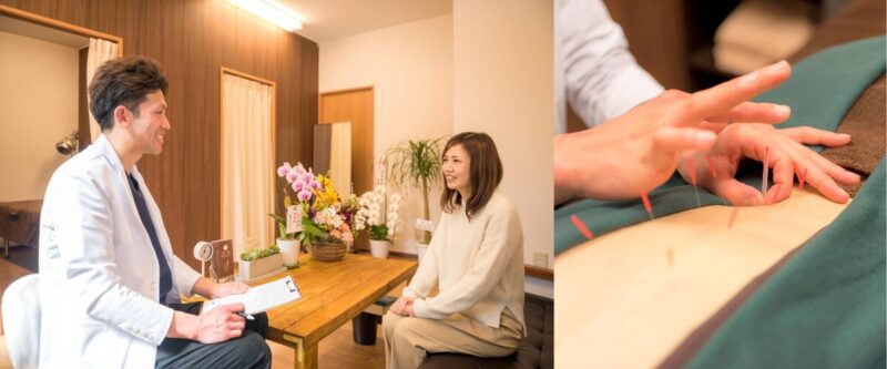 すえ先生の鍼灸院での施術風景|女性患者の丁寧なカウンセリングと腰部への鍼治療の様子
