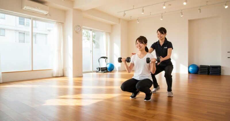 女性がパーソナルトレーナーに指導されながらダンベルスクワットを行っている様子。清潔感と安心感が伝わる雰囲気。