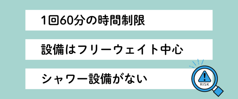 ハコジム中洲店 口コミ|注意点まとめの図:1回60分の時間制限・フリーウェイト中心の設備・シャワー設備なし