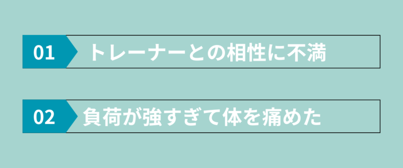 リアルボディ仙台の悪い口コミ・注意点をまとめた画像|トレーナーとの相性に不満、負荷が強すぎて体を痛めたなどの声も。入会前に確認しておきたいポイント。