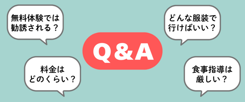 リアルボディ仙台のQ&Aまとめ画像|無料体験で勧誘される?料金は?どんな服装で行けばいい?食事指導は厳しい?といったよくある質問を解説。