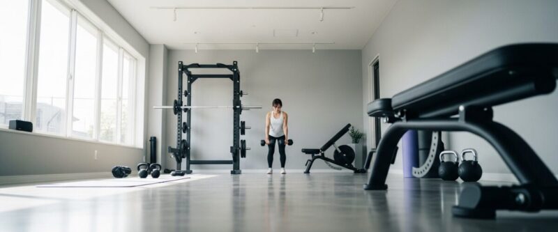 完全個室のトレーニングルームで日本人女性がダンベルを使って筋トレしている様子。明るく清潔な空間で集中できるイメージ写真。