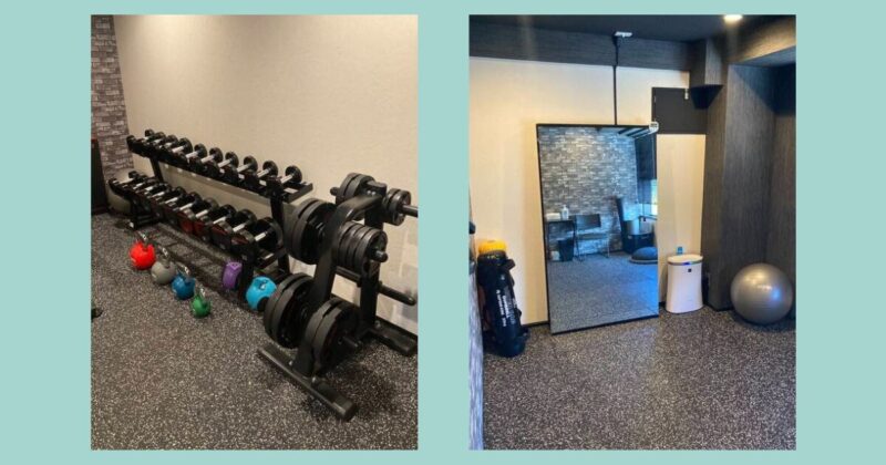 ハコジム高宮店の個室トレーニングルーム設備|ダンベル・ケトルベル・バーベル類が並ぶフリーウエイトエリアと大型ミラーを備えた広めの個室スペース