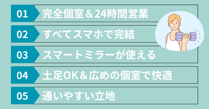 ハコジム高宮店のいい口コミ|完全個室・24時間営業・スマホ完結・スマートミラー対応・土足OKの広め個室・通いやすい立地をまとめた図解