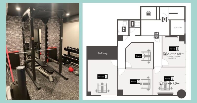 ハコジム高宮店の個室ジム内観とフロアマップ|パワーラック・ダンベル完備の完全個室トレーニングルームとスマートミラー対応ルームの配置図