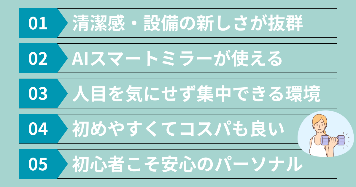 ハコジム西原店の良い口コミ・評判まとめ｜清潔感・AIスマートミラー・完全個室で集中できる環境・初心者向け料金とパーソナル対応を解説した図解