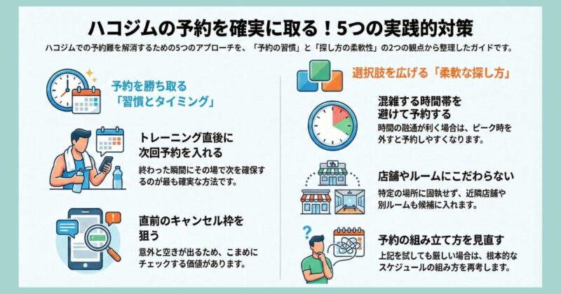 ハコジムの予約が取れない問題を解消する5つの実践的対策をまとめた図解｜トレ後予約・直前キャンセル・時間帯調整・店舗分散・予約の組み立て方
