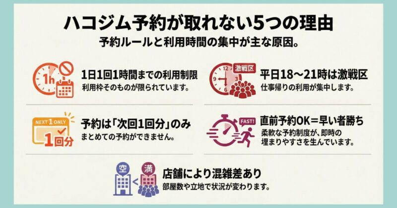 ハコジムの予約が取れない5つの理由を解説した図解｜1日1回1時間制・次回1回分のみ・平日18〜21時集中・直前予約OK・店舗差が原因