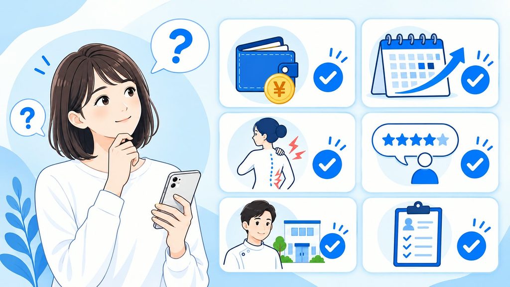 理学ボディのよくある質問をイメージした図解。料金、3回改善、施術の痛み、口コミ評価、整体サービスへの不安を確認する女性とチェック項目を紹介
