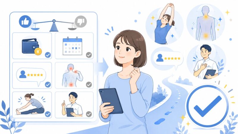 理学ボディの記事まとめを表す図解。料金、口コミ、施術の痛み、3回改善、セルフケア、整体サービスを比較し、自分に合うか判断する女性とチェックマークを紹介