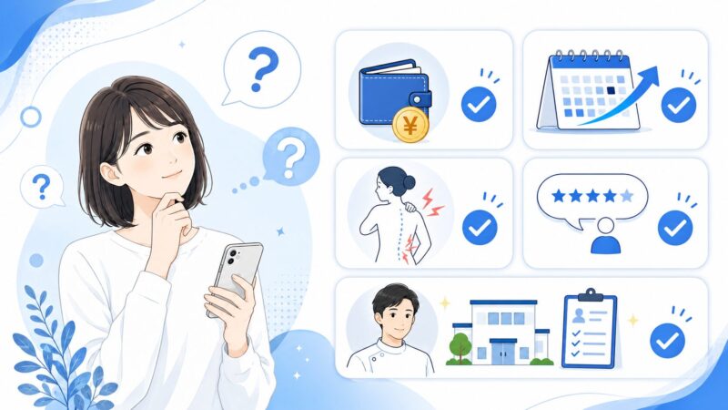理学ボディのよくある質問をイメージした図解。料金、3回改善、施術の痛み、口コミ評価、整体サービスへの不安を確認する女性とチェック項目を紹介