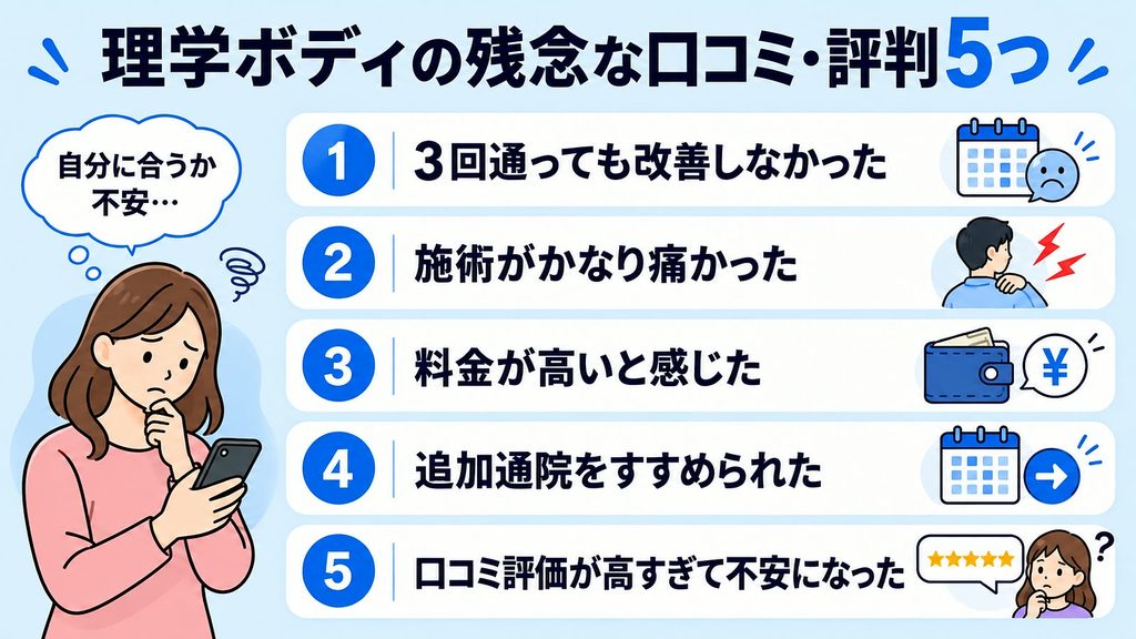 理学ボディの残念な口コミ・評判を解説した図解。3回通っても改善しなかった、施術が痛い、料金が高い、追加通院、口コミ評価が高すぎる不安を紹介
