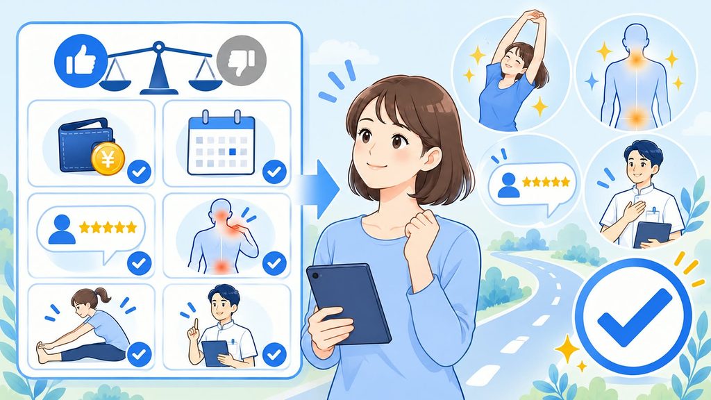 理学ボディの記事まとめを表す図解。料金、口コミ、施術の痛み、3回改善、セルフケア、整体サービスを比較し、自分に合うか判断する女性とチェックマークを紹介