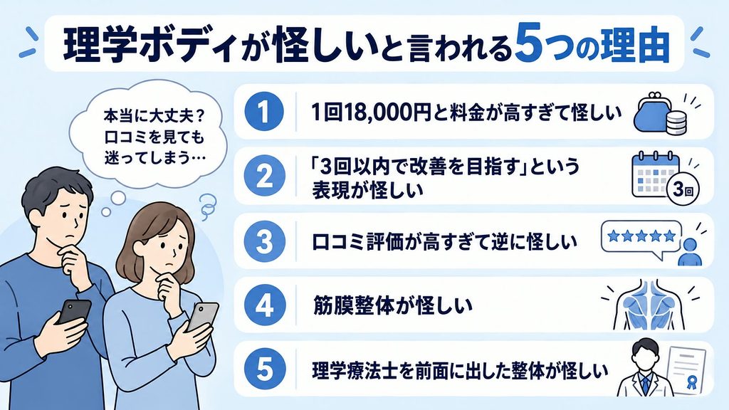 理学ボディが怪しいと言われる5つの理由を解説した図解。料金18,000円、3回以内改善、口コミ評価、筋膜整体、理学療法士を前面に出した整体への不安を紹介