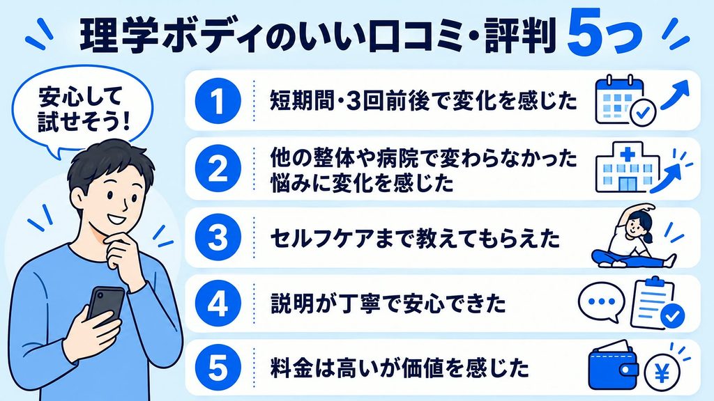 理学ボディのいい口コミ・評判を解説した図解。短期間や3回前後で変化を感じた、他の整体や病院で変わらなかった悩み、セルフケア、丁寧な説明、料金は高いが価値を感じた口コミを紹介