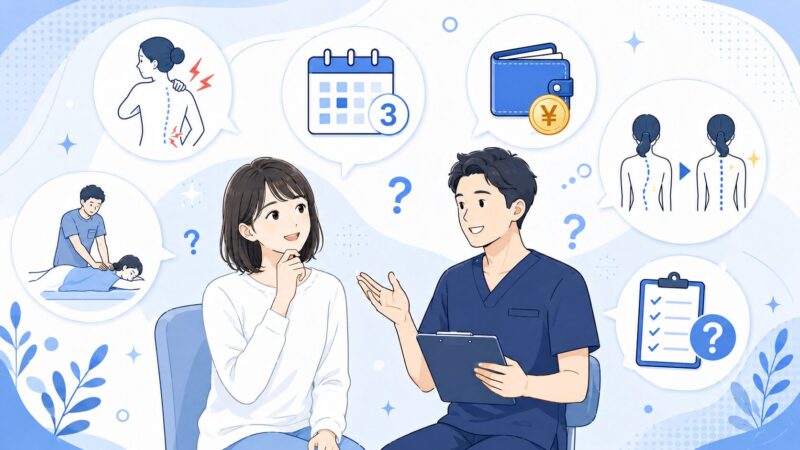 青山筋膜整体 理学ボディのよくある質問をイメージした相談風景、料金や3回で改善するのか、施術の痛みや効果について整体師に確認している画像