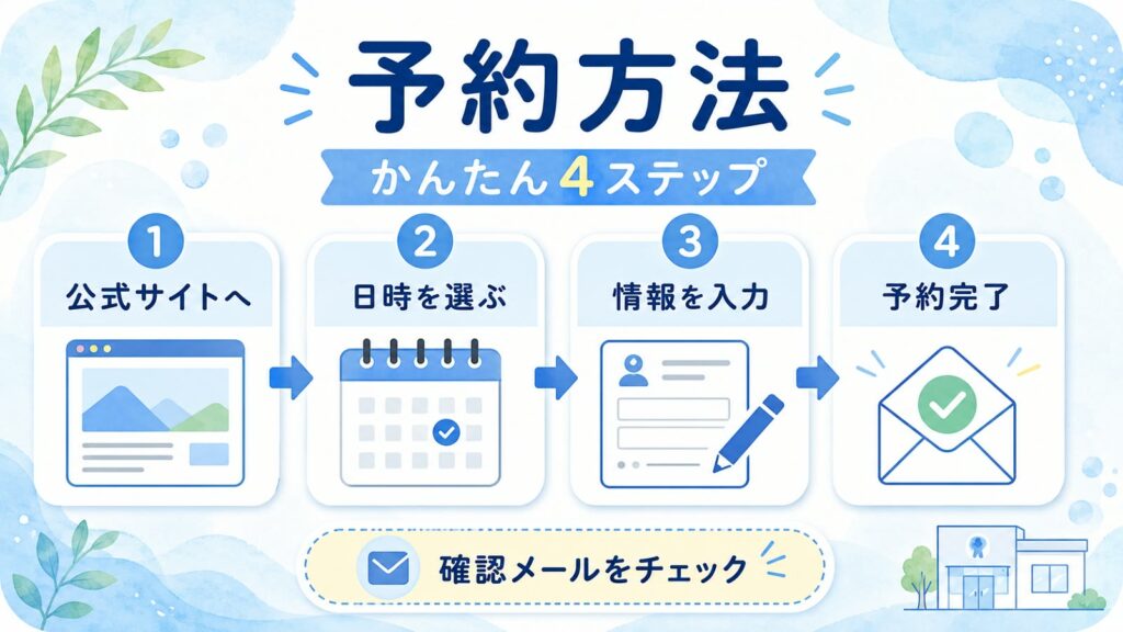 青山筋膜整体 理学ボディ高崎店のWEB予約方法。公式サイト、日時選択、情報入力、予約完了の4ステップ