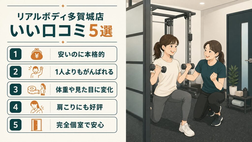 リアルボディ多賀城店のいい口コミ5選|安いのに本格的・一人よりがんばれる・体重や見た目の変化・肩こりにも好評・完全個室で安心