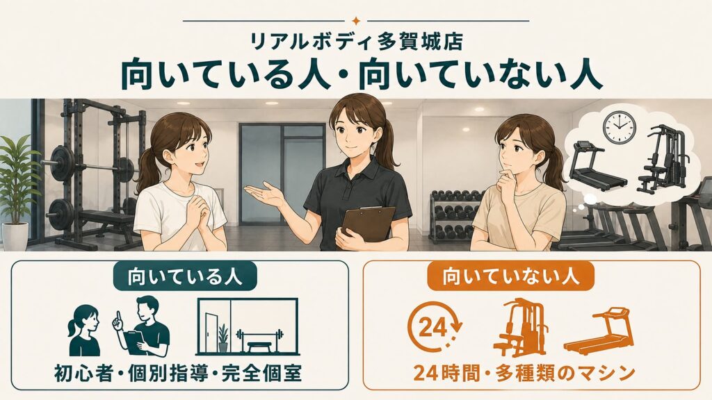 リアルボディ多賀城店が向いている人・向いていない人|初心者・個別指導・完全個室を重視する人と24時間営業・豊富なマシンを求める人の違い