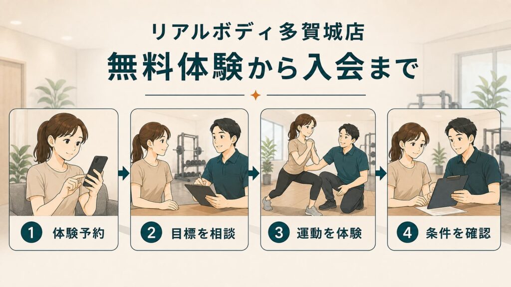 リアルボディ多賀城店の無料体験から入会までの流れ|体験予約・目標相談・運動体験・条件確認の4ステップ
