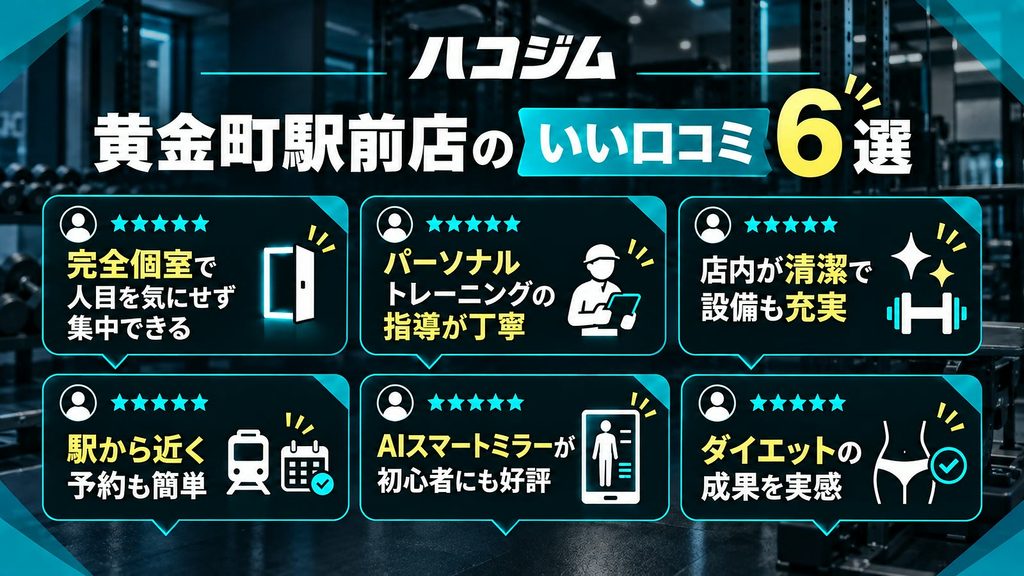 ハコジム黄金町駅前店の良い口コミ6選|完全個室・丁寧なパーソナル指導・清潔な設備・予約のしやすさ・AIミラー・ダイエット成果